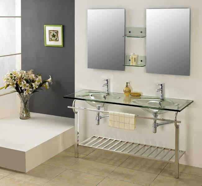 a sleek glass double sink vanity