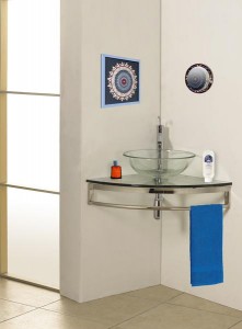 One of many space-saving glass bath vanities