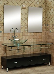 A contemporary double sink vanity in glass