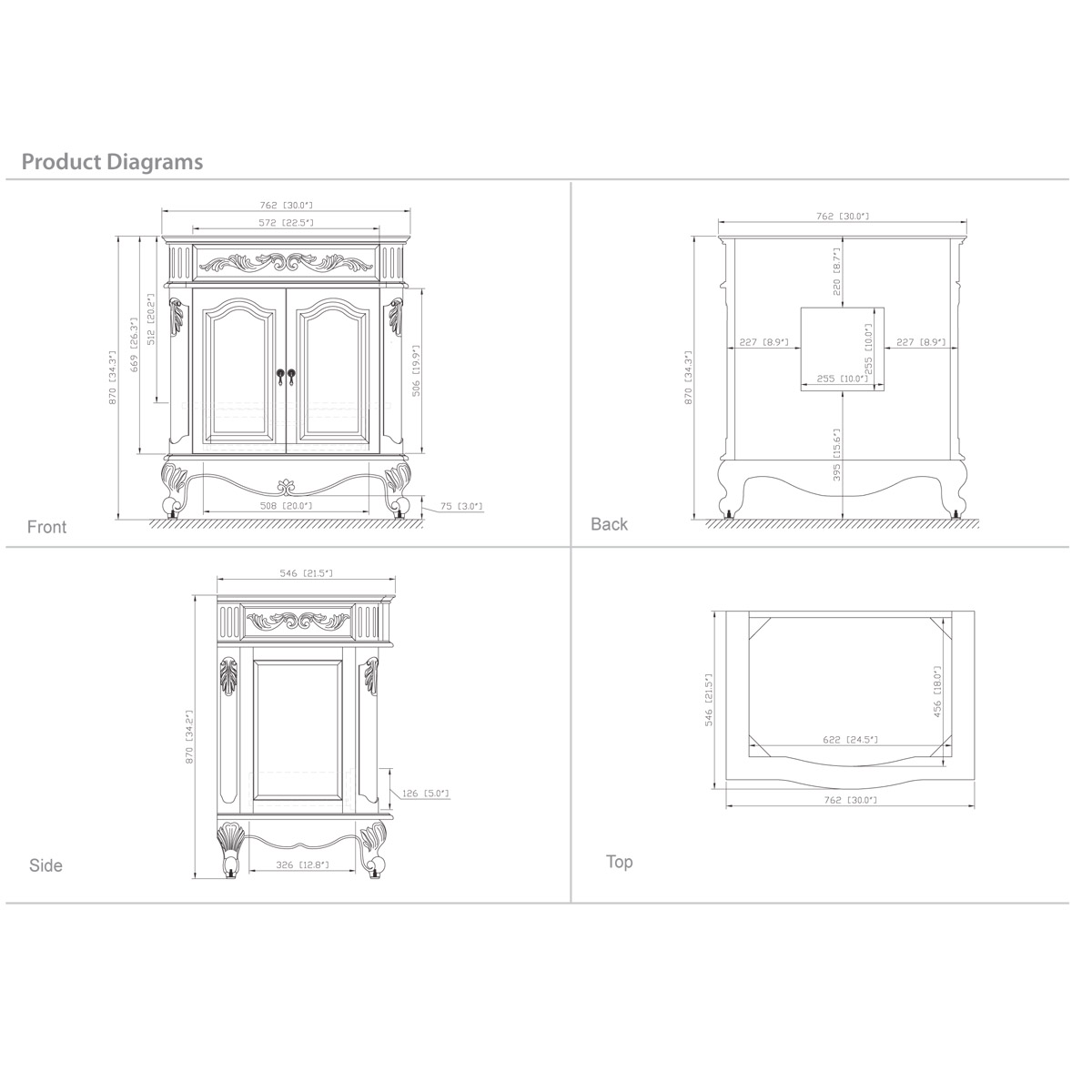 30" Aversa Small Vanity - Dimensions 30" Aversa Small Vanity - Dimensions