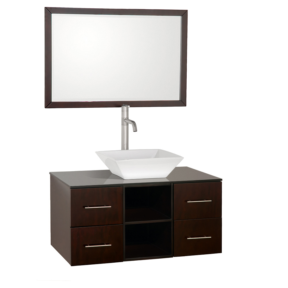 Shown with Smoked Glass top and White Porcelain Vessel Sink Shown with Smoked Glass top and White Porcelain Vessel Sink
