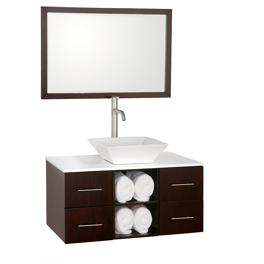 Shown with White Glass top and White Porcelain Vessel Sink Shown with White Glass top and White Porcelain Vessel Sink