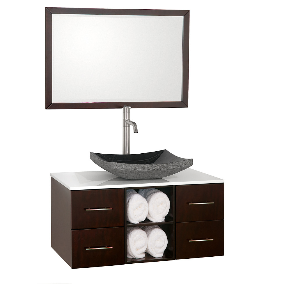 Shown with White Glass top and Black Granite Vessel Sink Shown with White Glass top and Black Granite Vessel Sink