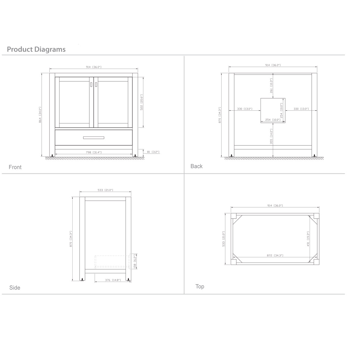 36" Toscana Vanity in White - Dimensions 36" Toscana Vanity in White - Dimensions