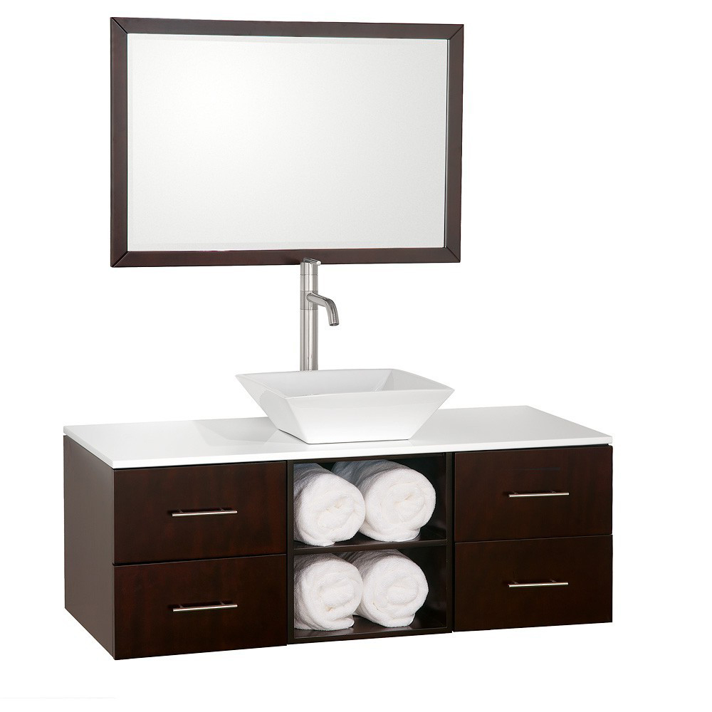 Shown with White Glass Top and White Porcelain Vessel Sink Shown with White Glass Top and White Porcelain Vessel Sink