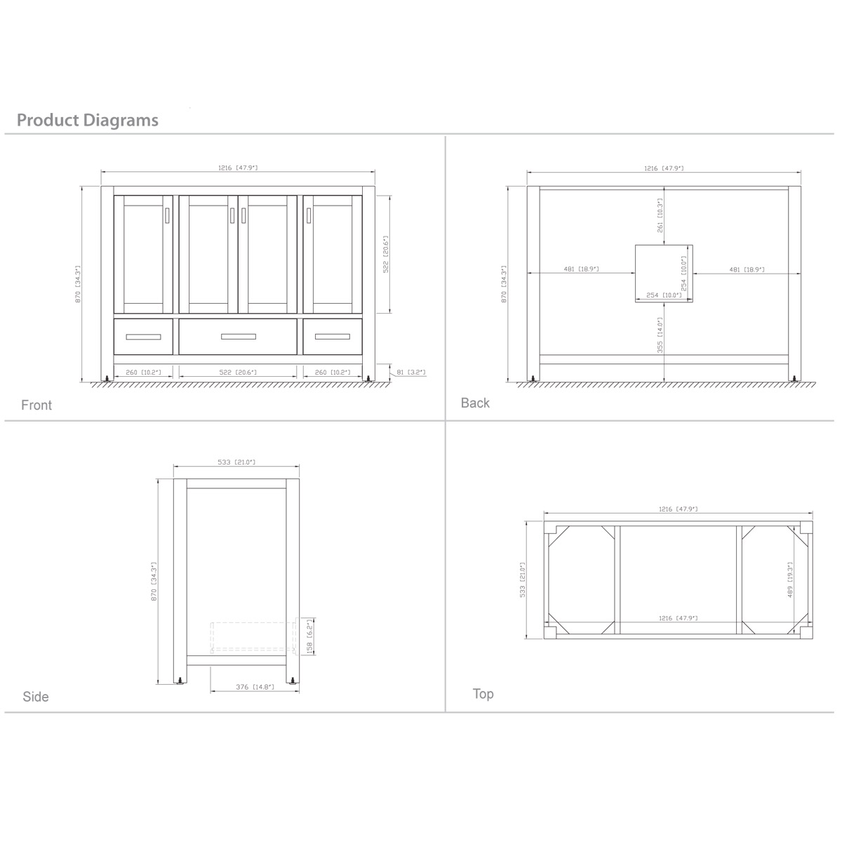 48" Toscana Vanity in White - Dimensions 48" Toscana Vanity in White - Dimensions