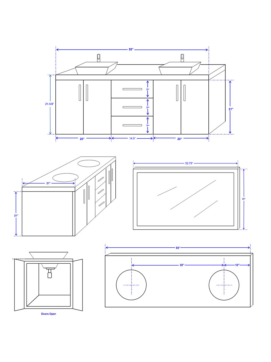 55" Arrano Double Bath Vanity - Dimensions 55" Arrano Double Bath Vanity - Dimensions