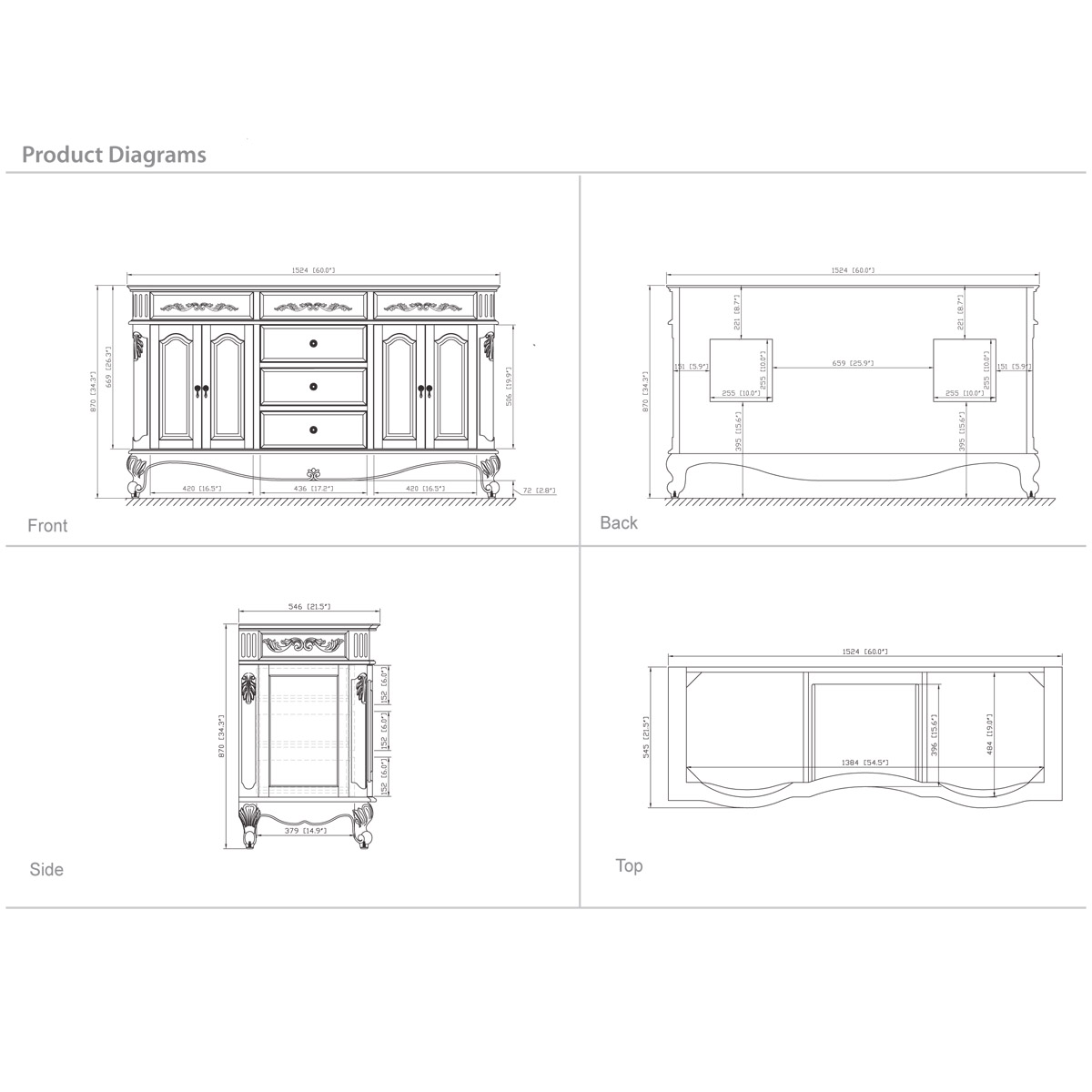 60" Aversa Double Vanity - Dimensions 60" Aversa Double Vanity - Dimensions