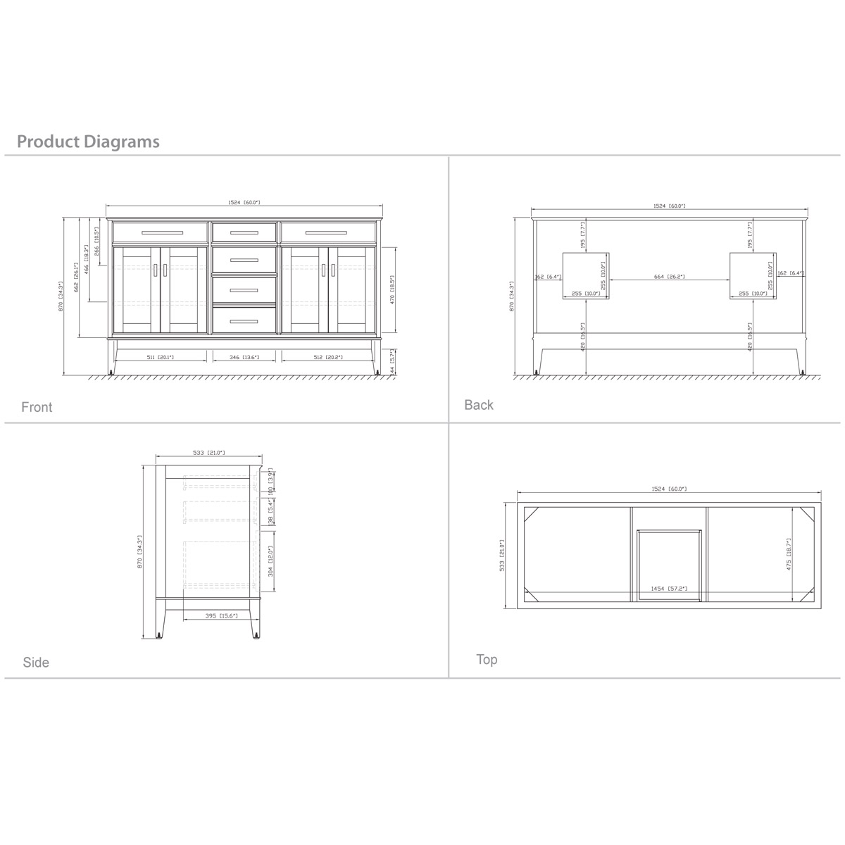 60" Marciana Double Vanity in Tobacco - Dimensions 60" Marciana Double Vanity in Tobacco - Dimensions