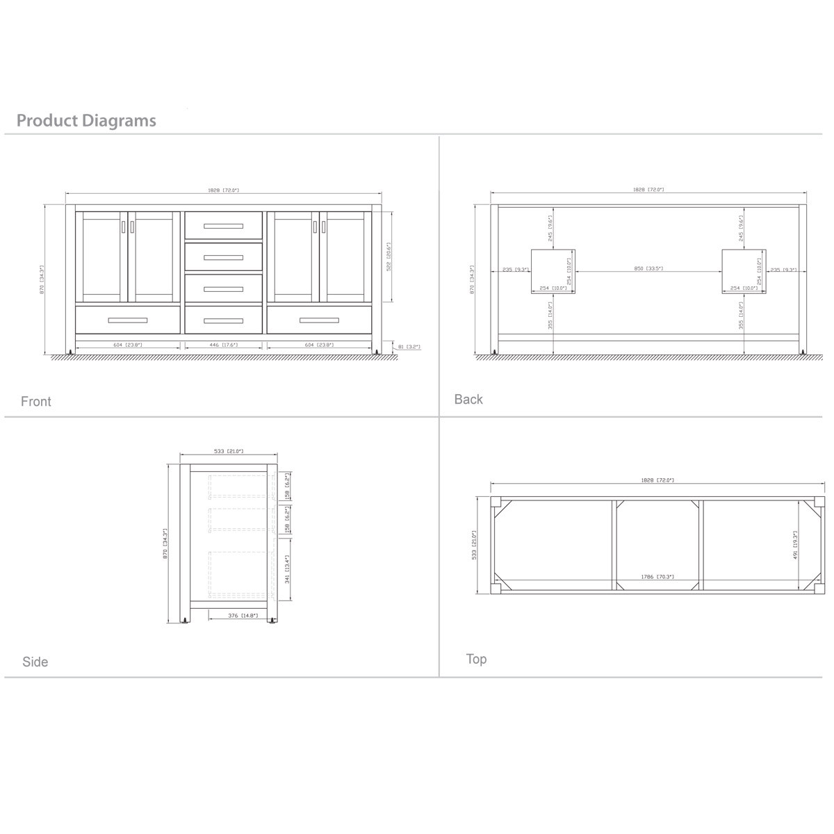 72" Toscana Double Vanity in White - Dimensions 72" Toscana Double Vanity in White - Dimensions