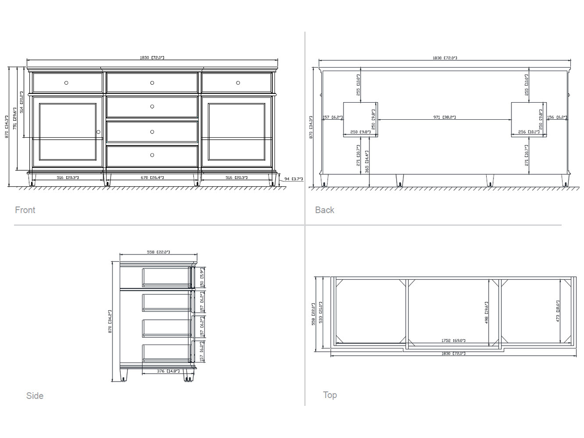 73" Cesarina Double Vanity in Walnut - Dimensions 73" Cesarina Double Vanity in Walnut - Dimensions