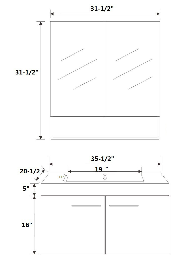 35.5" Lewis Single Bath Vanity Dimensional View 35.5" Lewis Single Bath Vanity Dimensional View