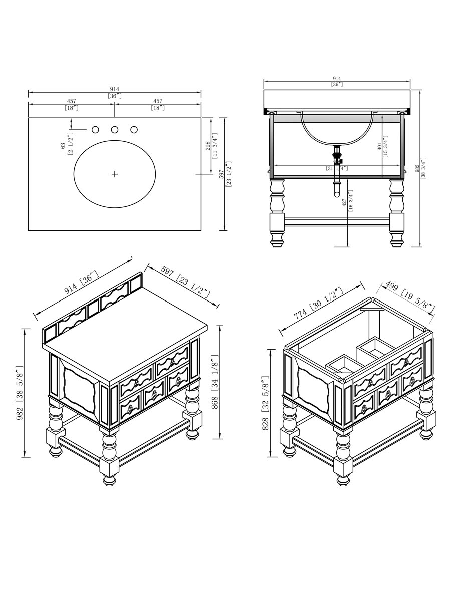 36" Castilian Single Bath Vanity - Dimensions 36" Castilian Single Bath Vanity - Dimensions