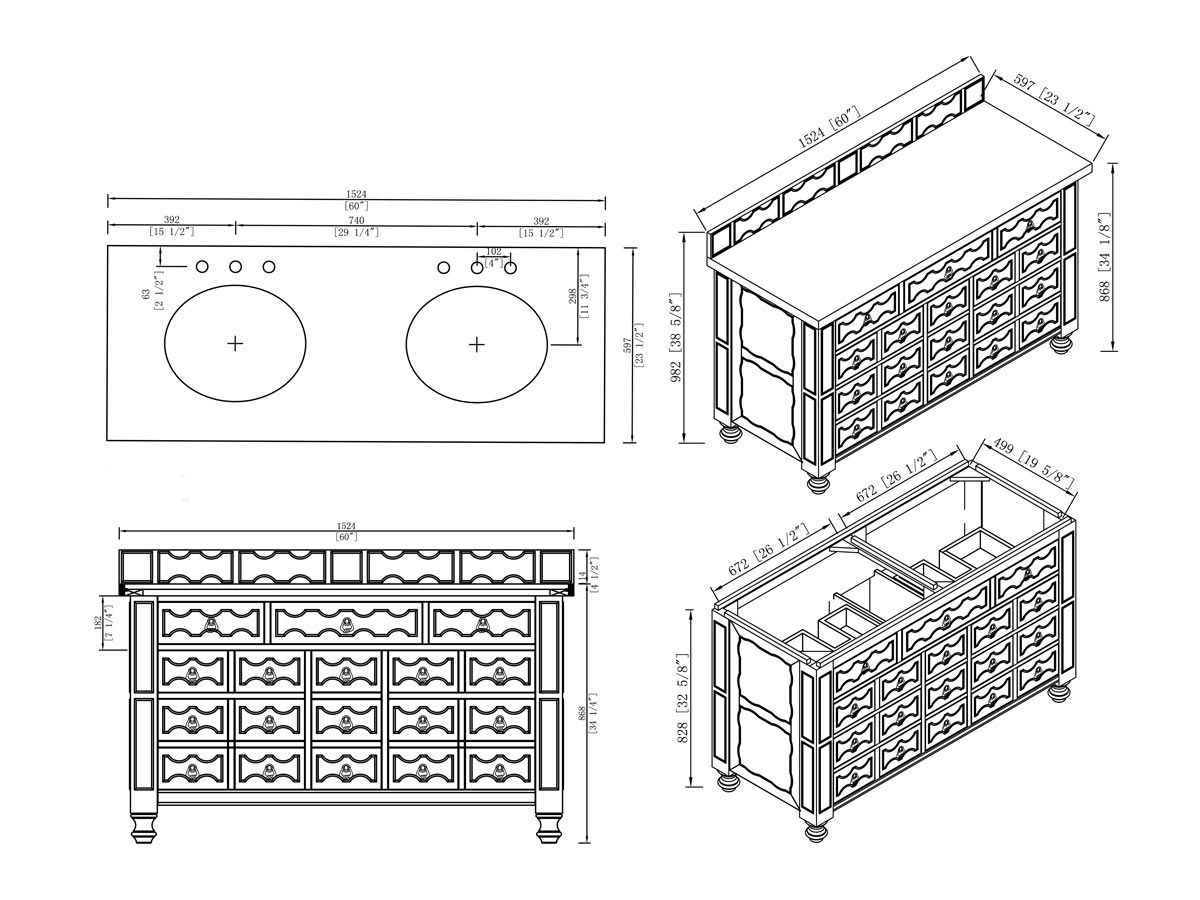60" Castilian Double Sink Vanity - Dimensions 60" Castilian Double Sink Vanity - Dimensions