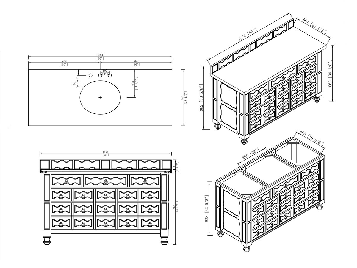 60" Castilian Single Bath Vanity - Dimensions 60" Castilian Single Bath Vanity - Dimensions