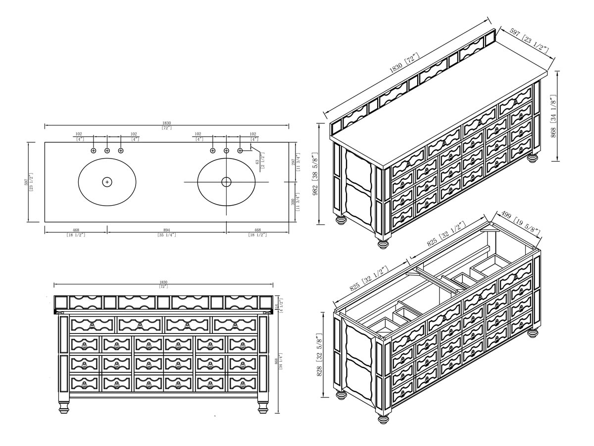 72" Castilian Double Sink Vanity - Dimensions 72" Castilian Double Sink Vanity - Dimensions