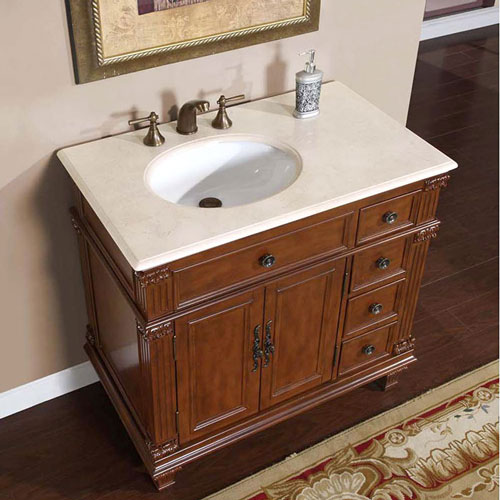 36" Saranda Bathroom Vanity - with Left-Sided Sink and Cream Marfil Marble Top 36" Saranda Bathroom Vanity - with Left-Sided Sink and Cream Marfil Marble Top