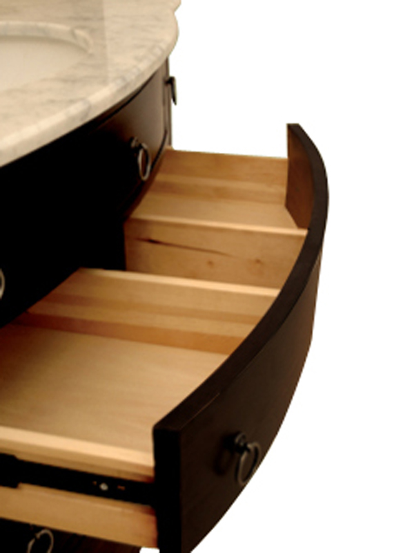 Pull-out drawers fitted around plumbing Pull-out drawers fitted around plumbing