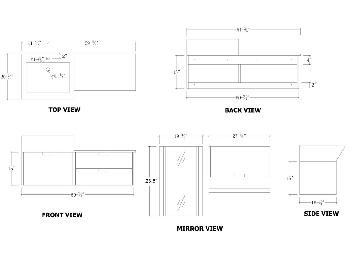 51.75" Alicia Single Vanity - Dimensions 51.75" Alicia Single Vanity - Dimensions