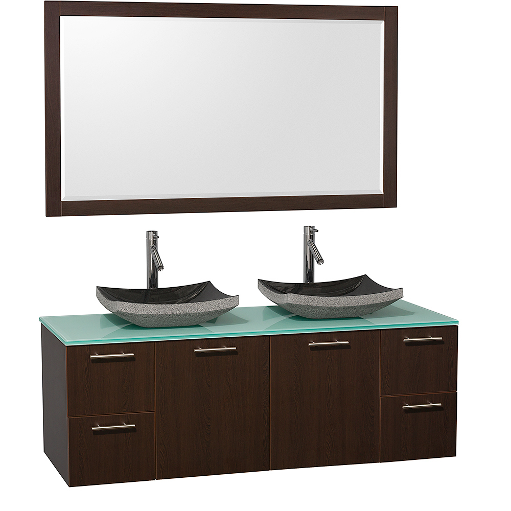 Green Glass Top with Black Granite Sinks and Large Mirror