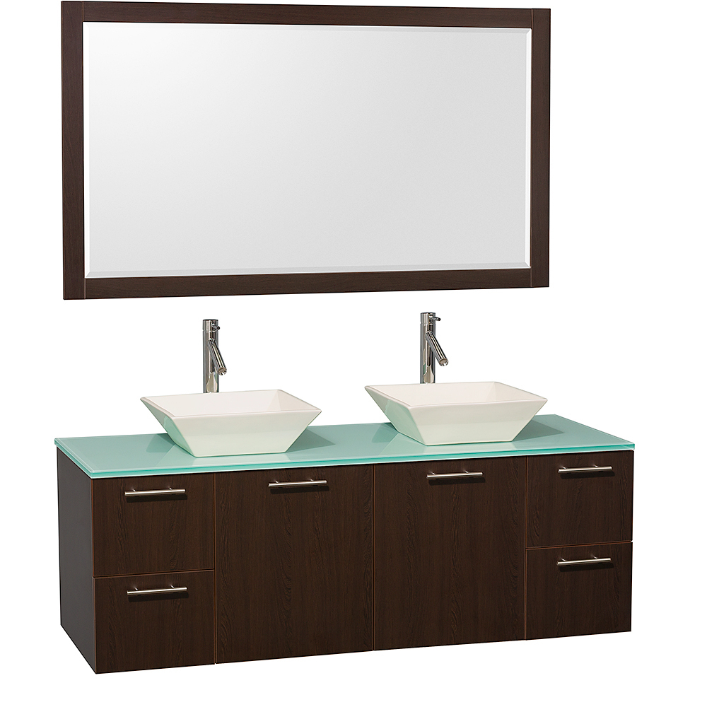 Green Glass Top with Bone Porcelain Sinks and Large Mirror