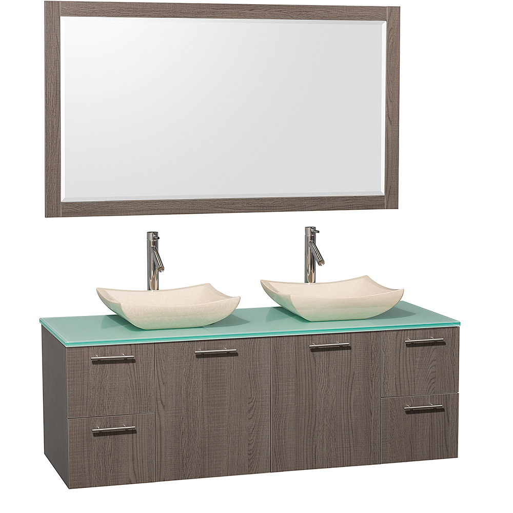 Green Glass Top with Ivory Marble Sinks and Large Mirror