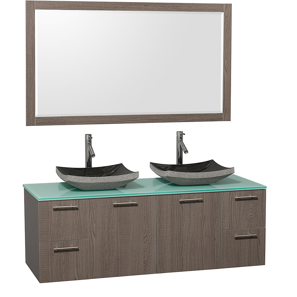 Green Glass Top with Black Granite Sinks and Large Mirror