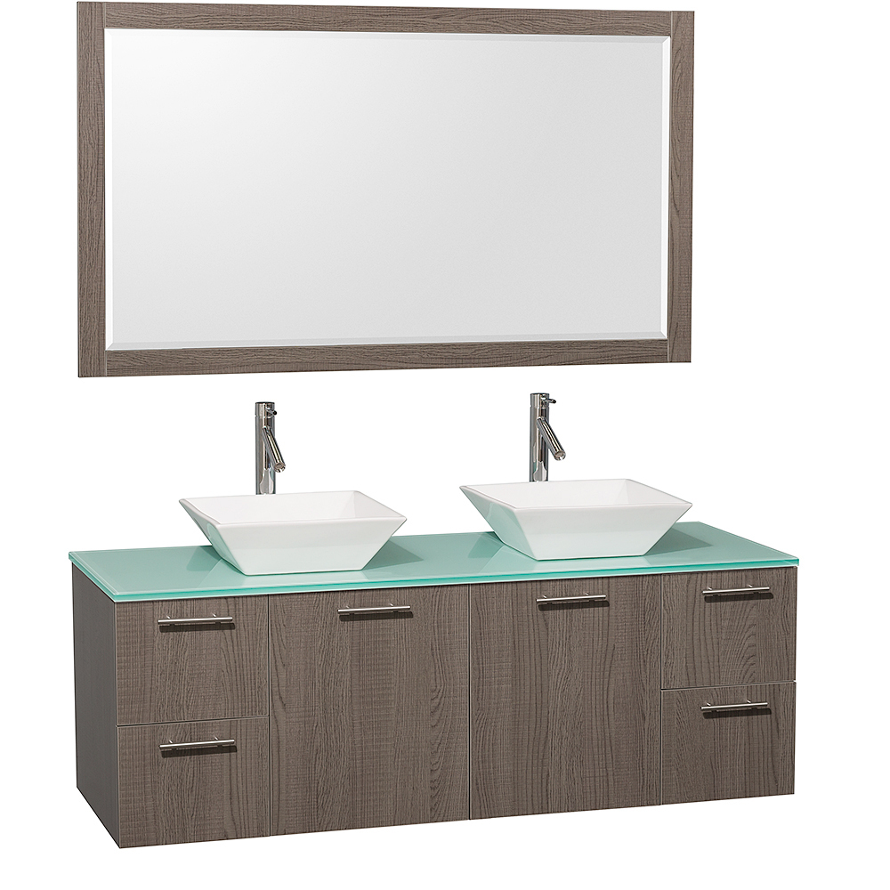 Green Glass Top with White Porcelain Sinks and Large Mirror
