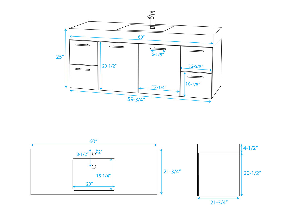 60" Amare Single Vanity - Dimensions 60" Amare Single Vanity - Dimensions