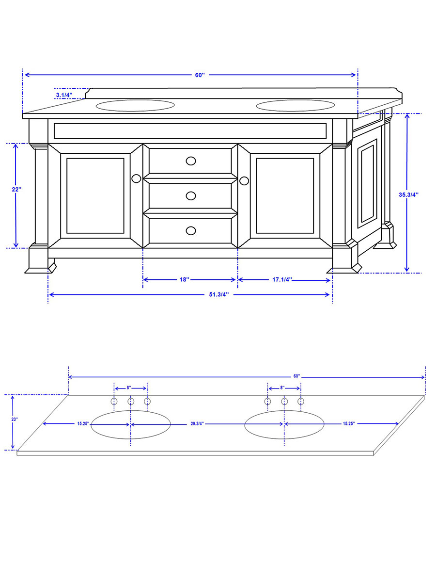 60" Andover Double Vanity - Dimensions