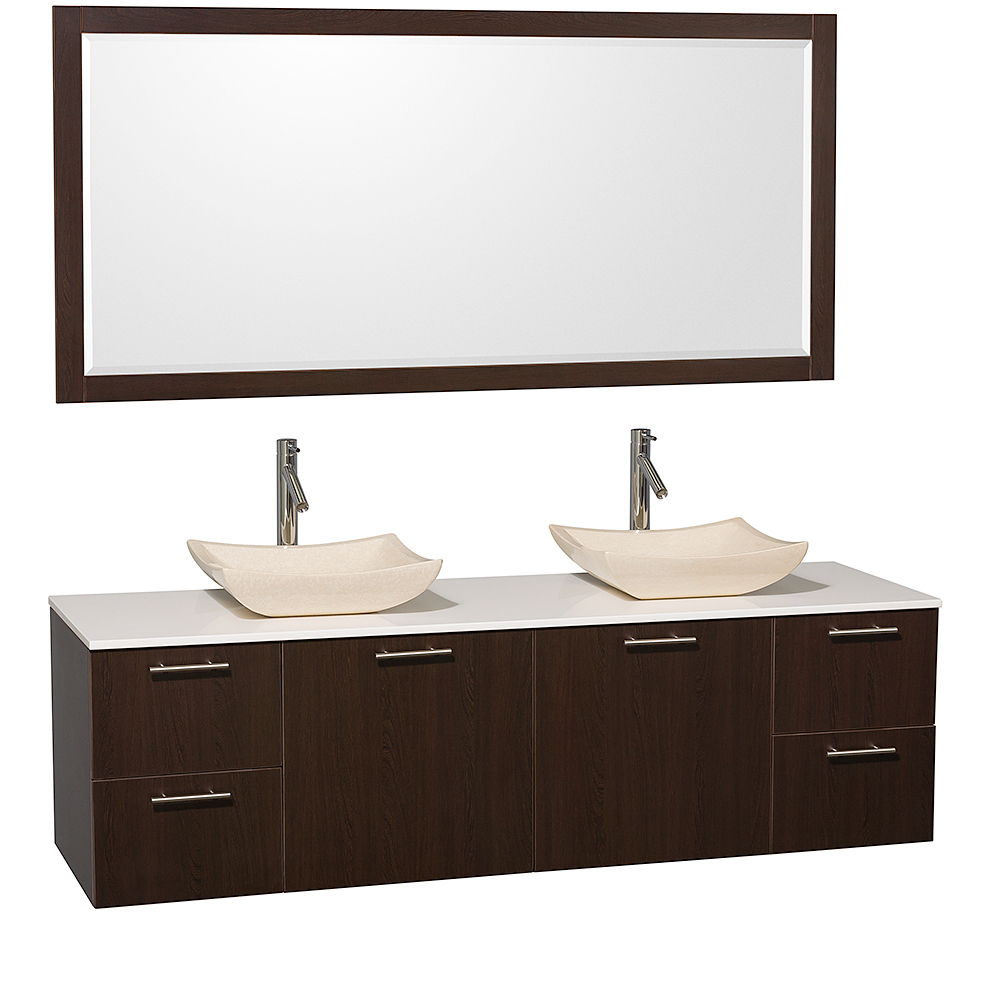 White Artificial Stone Top With Ivory Marble Sinks And Large Mirror White Artificial Stone Top With Ivory Marble Sinks And Large Mirror