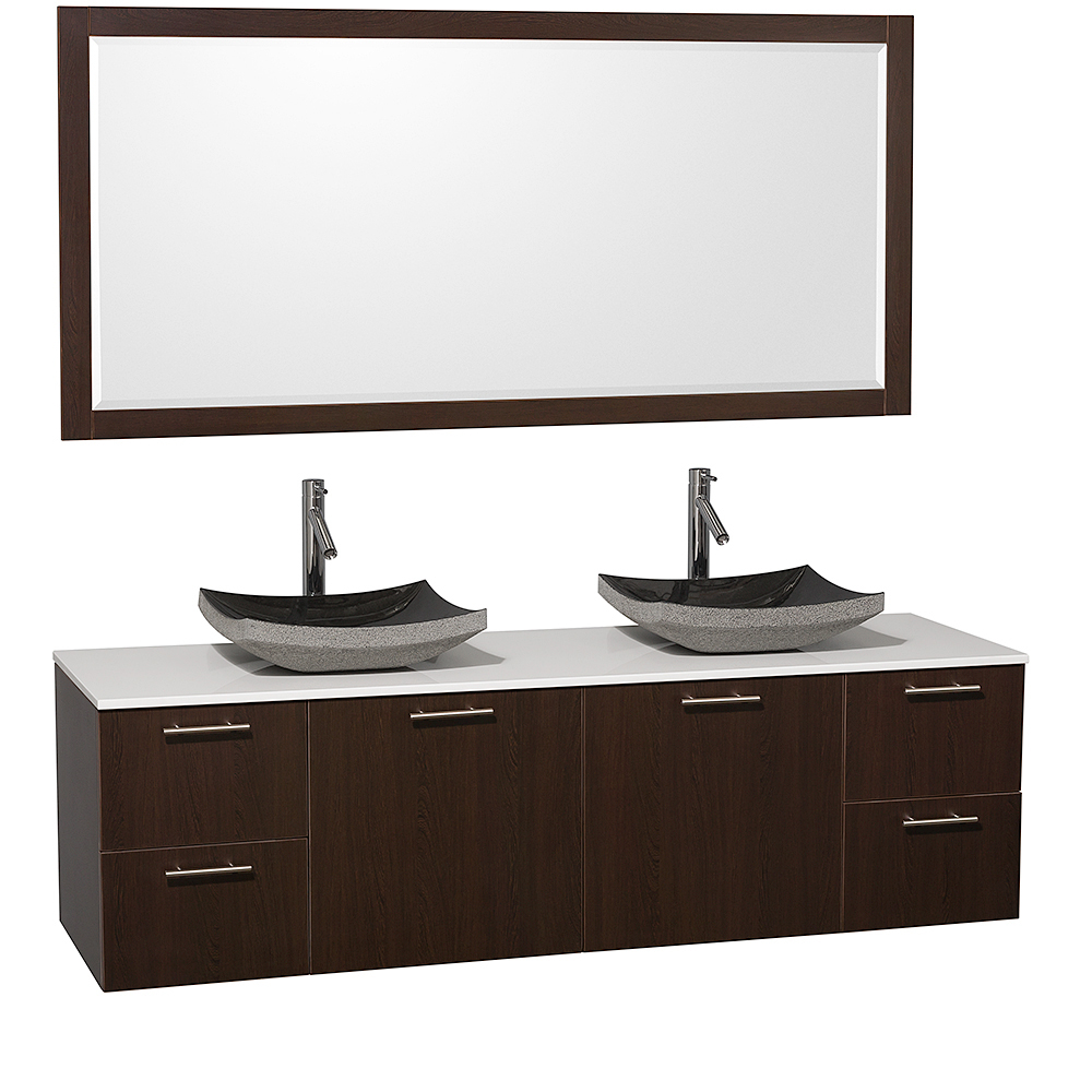 White Artificial Stone Top With Black Granite Sinks And Large Mirror White Artificial Stone Top With Black Granite Sinks And Large Mirror