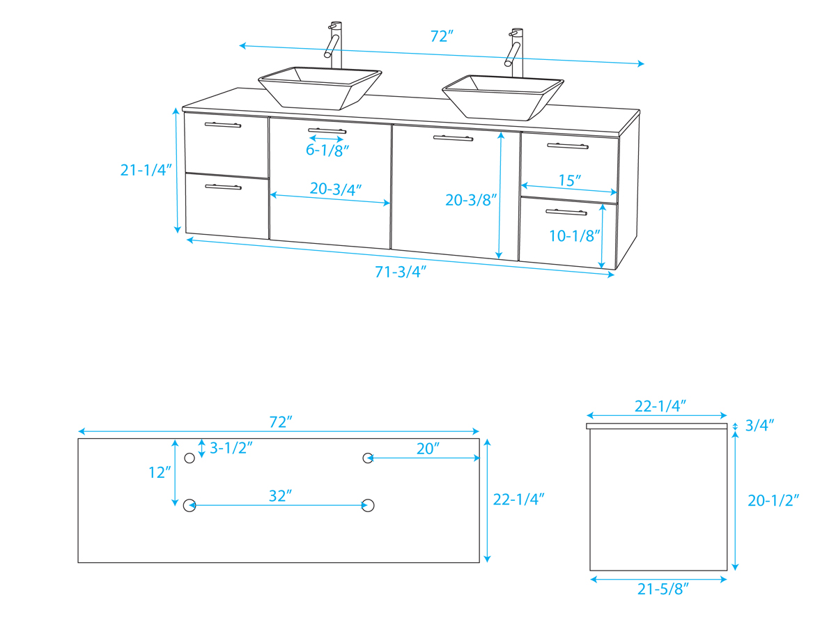72" Amare Double Vessel Sink Vanity - Dimensions 72" Amare Double Vessel Sink Vanity - Dimensions