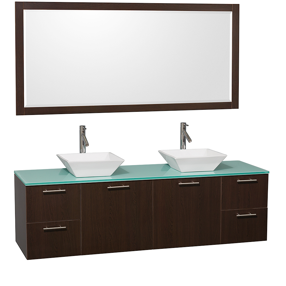 Green Glass Top with White Porcelain Sinks And Large Mirror Green Glass Top with White Porcelain Sinks And Large Mirror
