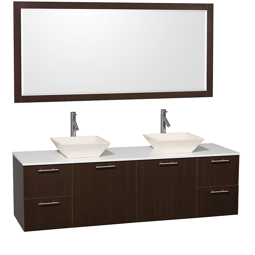 White Artificial Stone Top with Bone Porcelain Sinks And Large Mirror White Artificial Stone Top with Bone Porcelain Sinks And Large Mirror