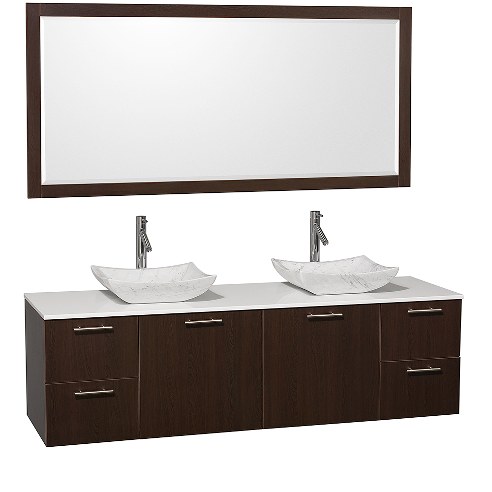 White Artificial Stone Top With Carrera White Marble Sinks And Large Mirror White Artificial Stone Top With Carrera White Marble Sinks And Large Mirror