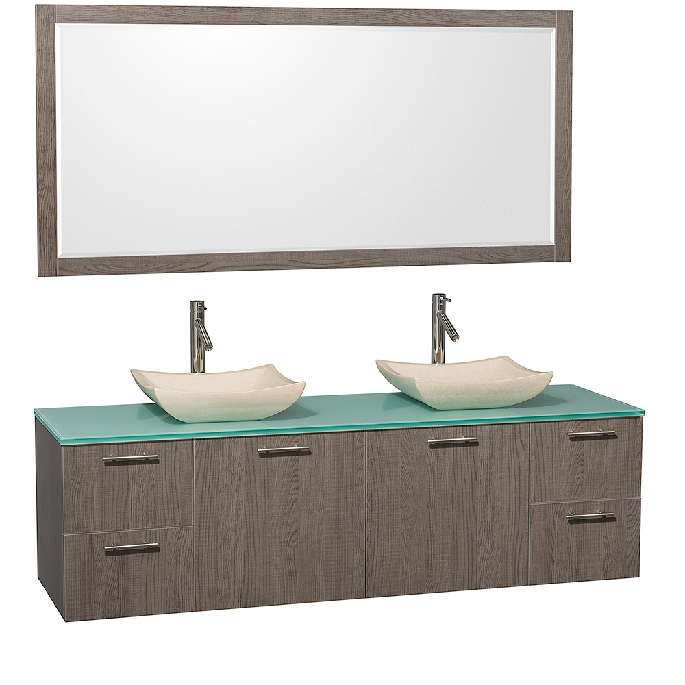 Green Glass Top With Ivory Marble Sinks And Large Mirror Green Glass Top With Ivory Marble Sinks And Large Mirror