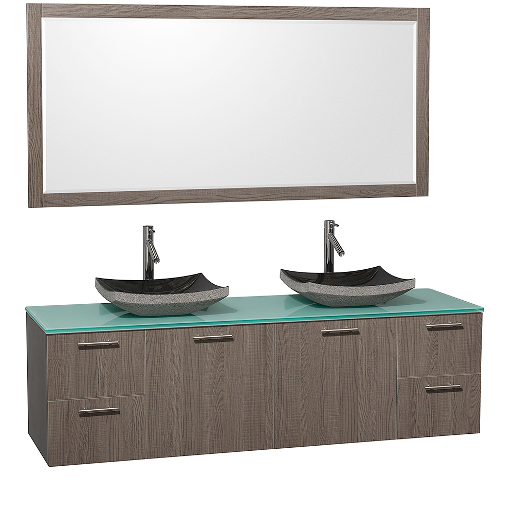 Green Glass Top With Black Granite Sinks And Large Mirror Green Glass Top With Black Granite Sinks And Large Mirror