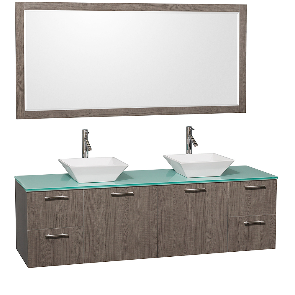 Green Glass Top with White Porcelain Sinks And Large Mirror Green Glass Top with White Porcelain Sinks And Large Mirror