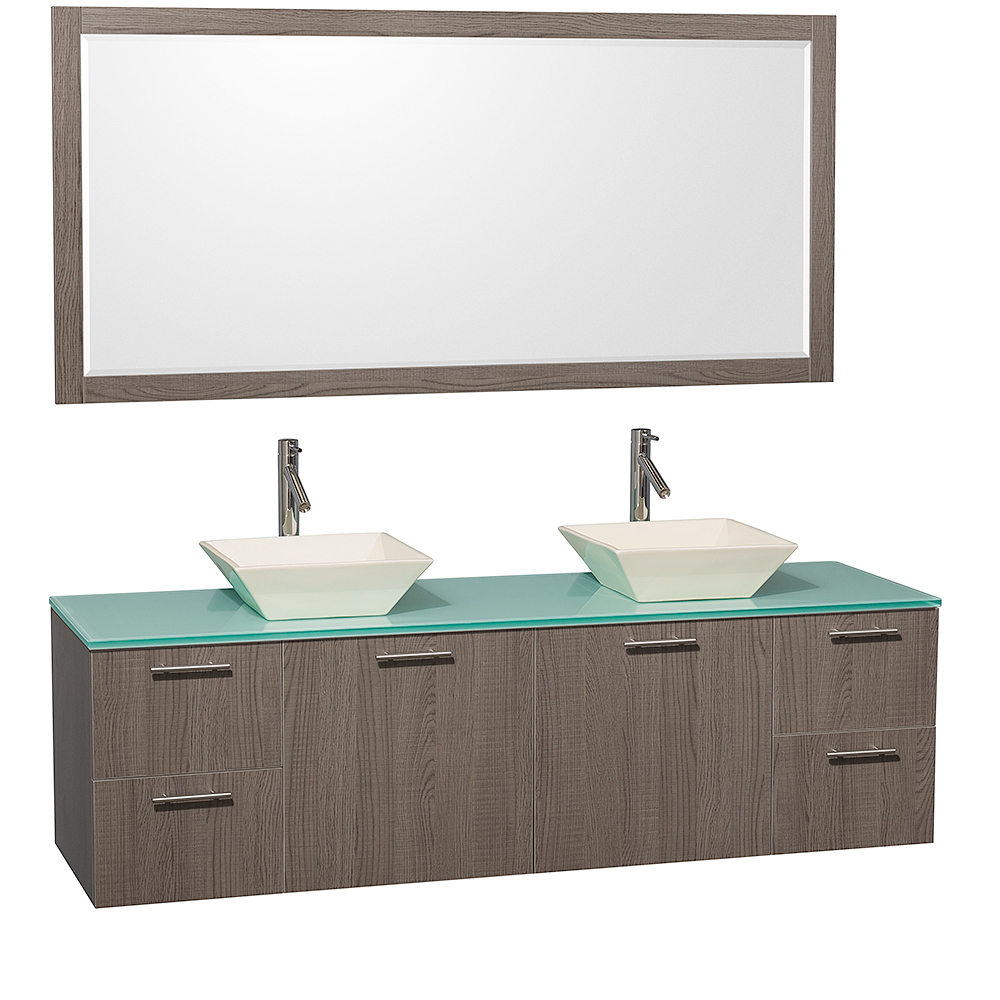 Green Glass Top with Bone Porcelain Sinks And Large Mirror Green Glass Top with Bone Porcelain Sinks And Large Mirror