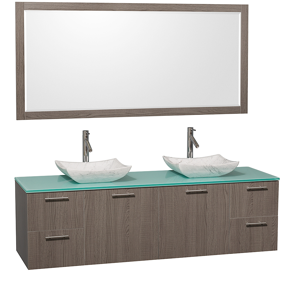 Green Glass Top With Carrera White Marble Sinks And Large Mirror Green Glass Top With Carrera White Marble Sinks And Large Mirror