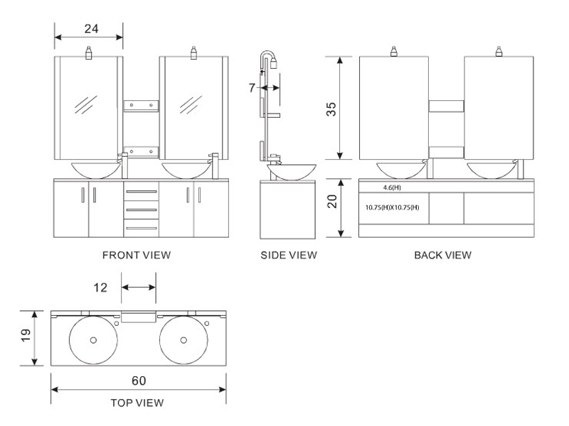 61" Portland Double Vessel Sink Vanity Glass Top