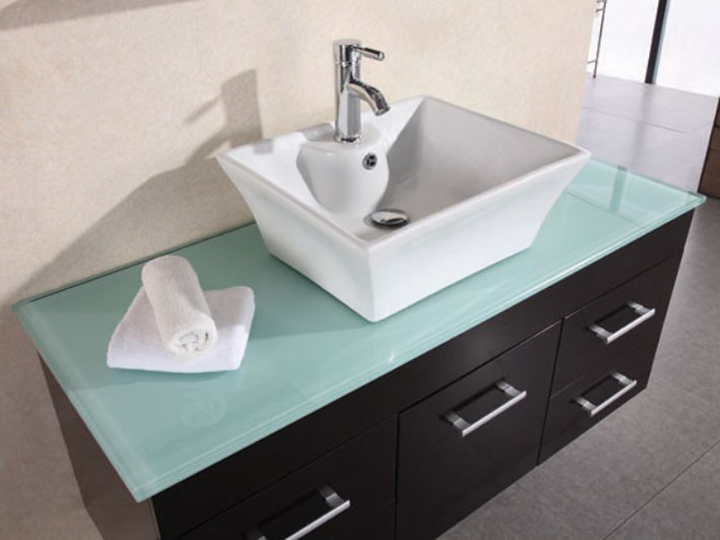 Tempered glass countertop with porcelain sink