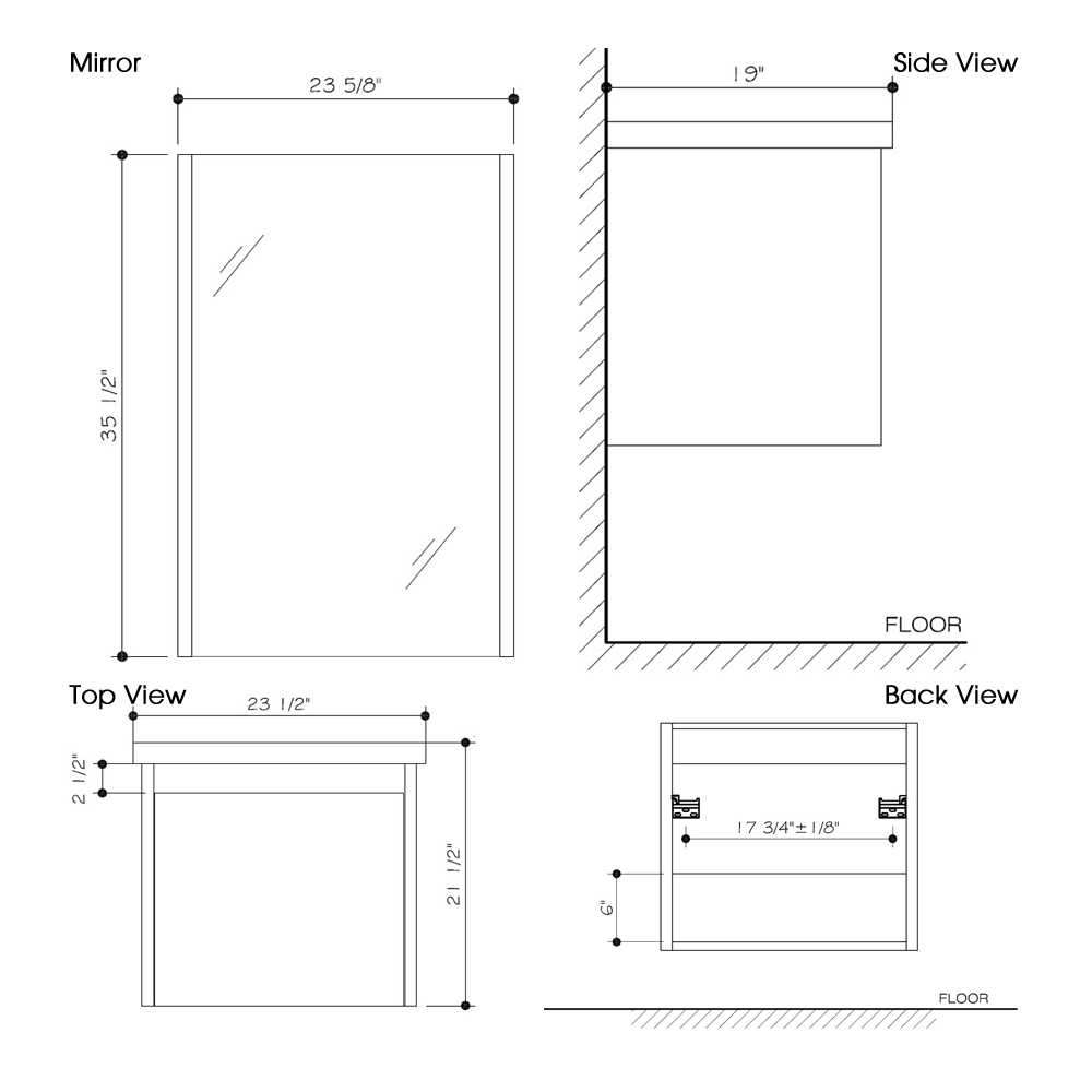 Dimensions for 23.5" Bianca Wall-Mount Single Vanity and Mirror Dimensions for 23.5" Bianca Wall-Mount Single Vanity and Mirror