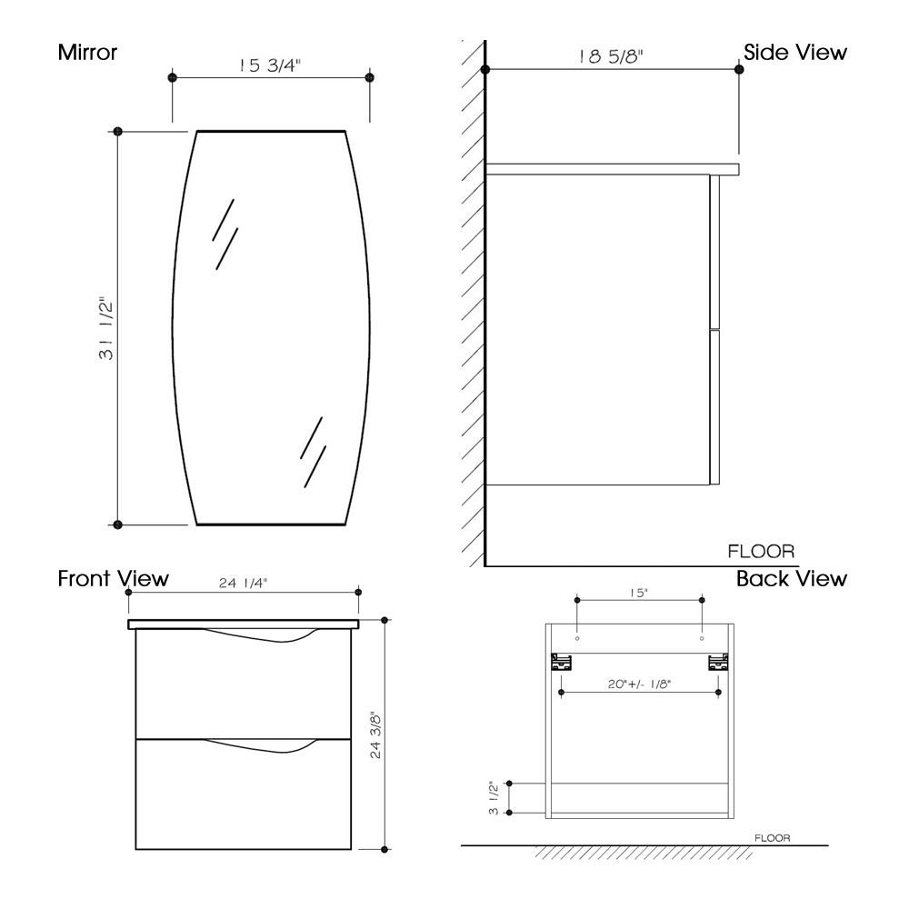 Dimensions for 24" Suzuetta Wall-Mount Vanity and Mirror Dimensions for 24" Suzuetta Wall-Mount Vanity and Mirror