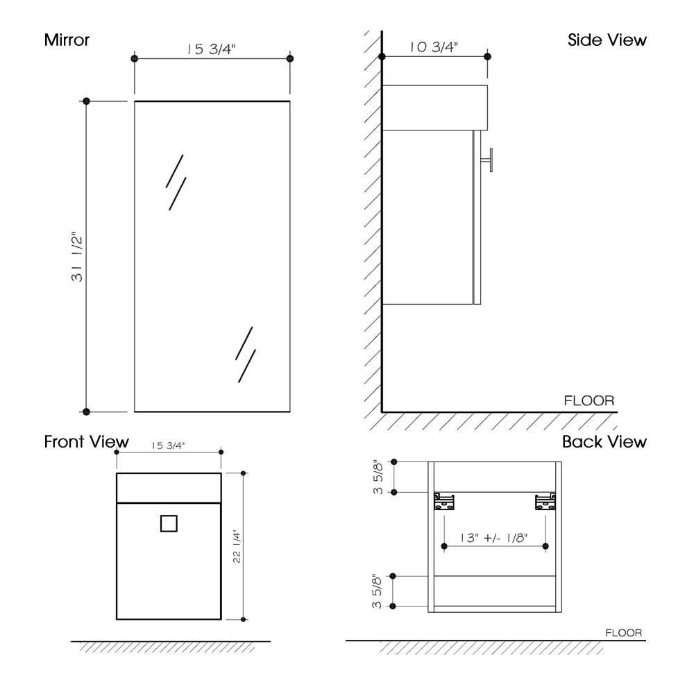 Dimensions for 15.75" Marina Wall-Mount Vanity and Mirror Dimensions for 15.75" Marina Wall-Mount Vanity and Mirror