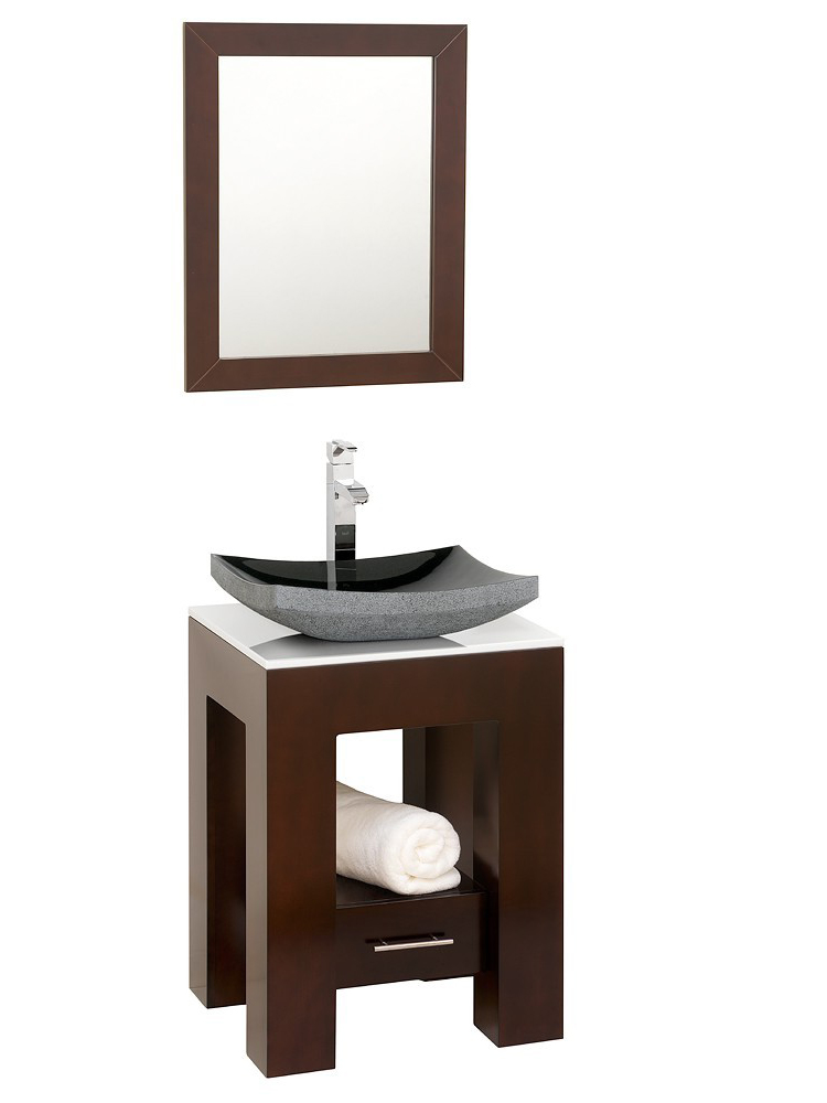 Shown with White Glass top and Black Granite vessel sink